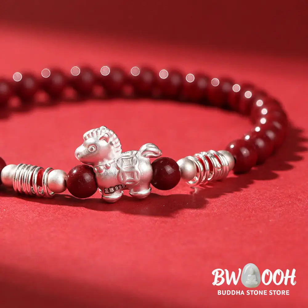 Buddha Stones Year Of The Horse Red Agate 999 Sterling Silver Cinnabar Calm Bracelet - Bracelet