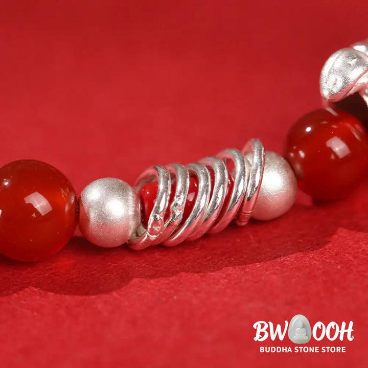 Buddha Stones Year Of The Horse Red Agate 999 Sterling Silver Cinnabar Calm Bracelet - Bracelet