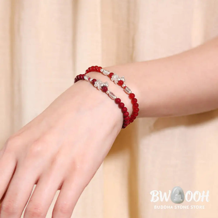Buddha Stones Year Of The Horse Red Agate 999 Sterling Silver Cinnabar Calm Bracelet - Bracelet