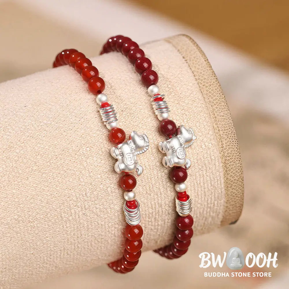 Buddha Stones Year Of The Horse Red Agate 999 Sterling Silver Cinnabar Calm Bracelet - Bracelet