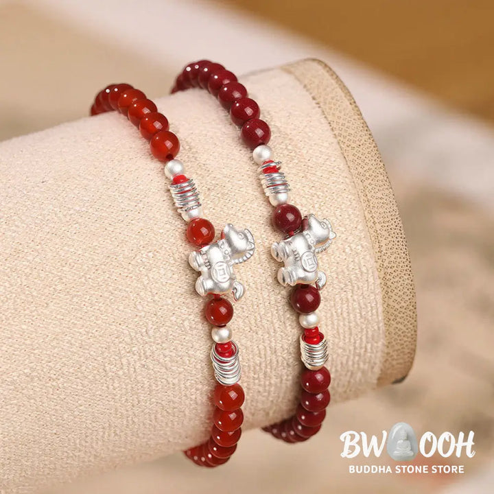 Buddha Stones Year Of The Horse Red Agate 999 Sterling Silver Cinnabar Calm Bracelet - Bracelet