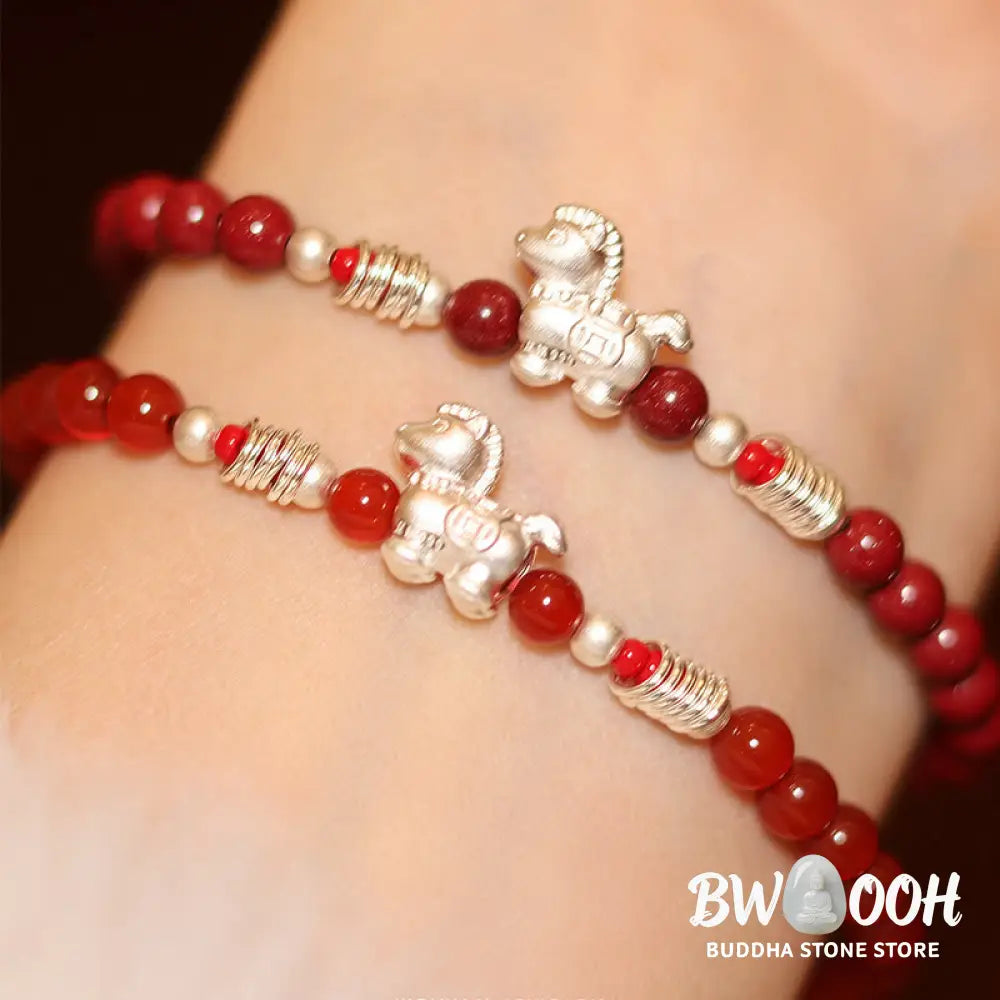 Buddha Stones Year Of The Horse Red Agate 999 Sterling Silver Cinnabar Calm Bracelet - Bracelet