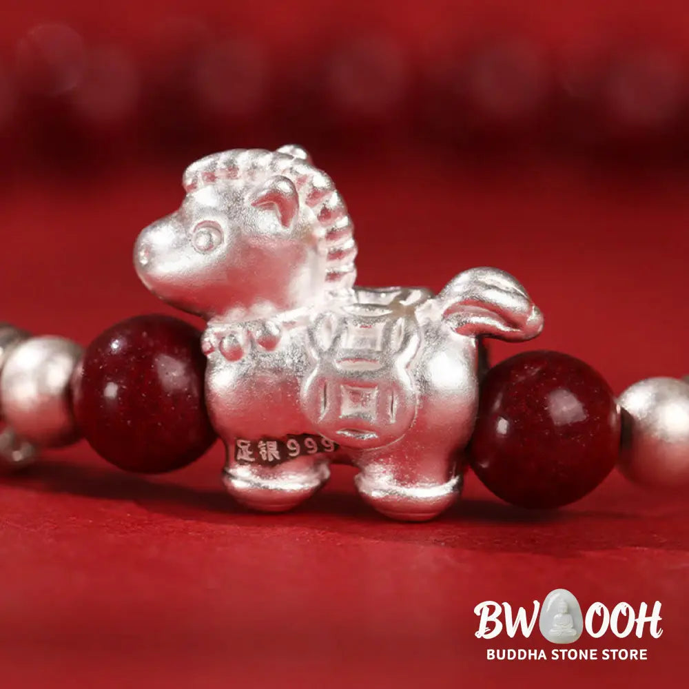 Buddha Stones Year Of The Horse Red Agate 999 Sterling Silver Cinnabar Calm Bracelet - Bracelet