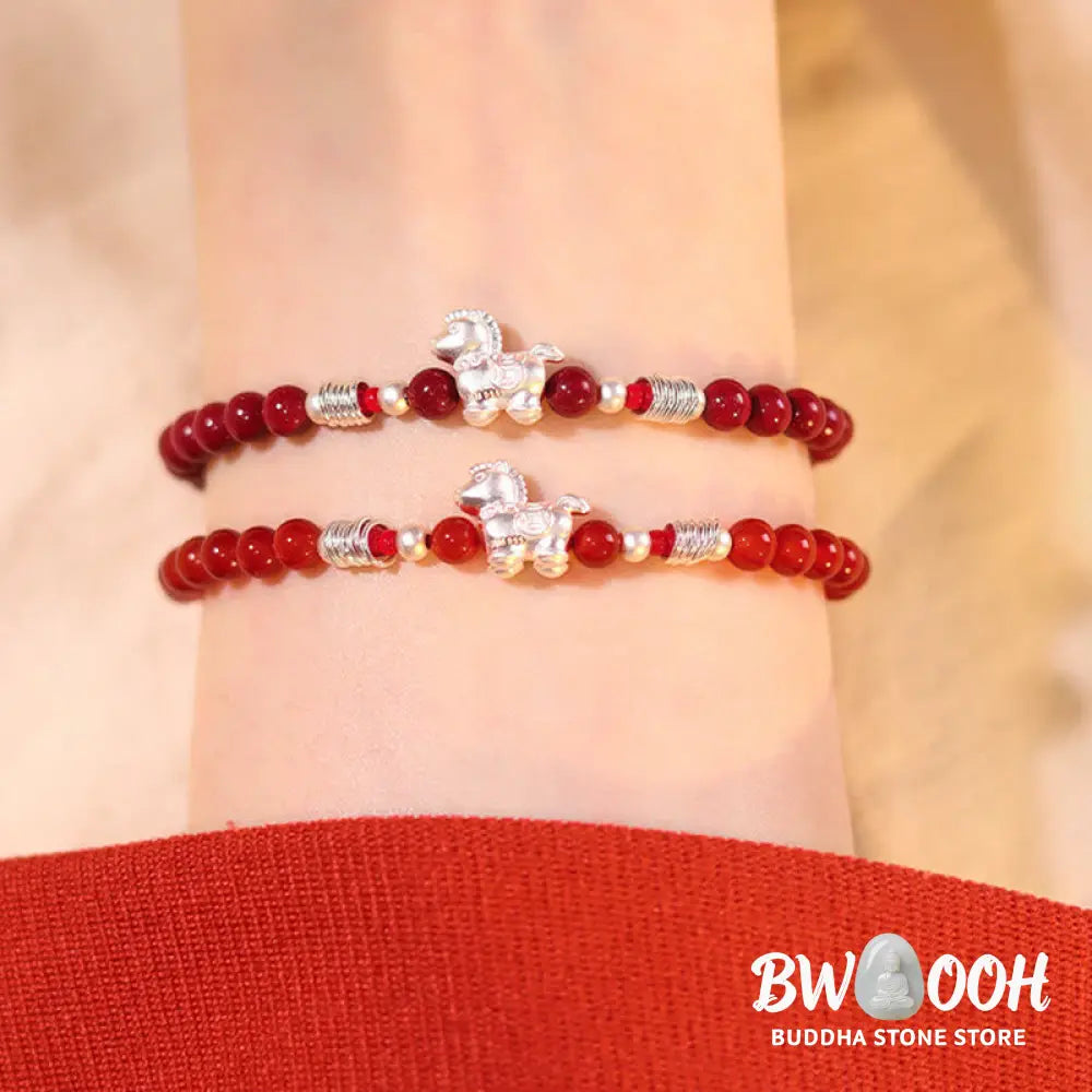 Buddha Stones Year Of The Horse Red Agate 999 Sterling Silver Cinnabar Calm Bracelet - Bracelet