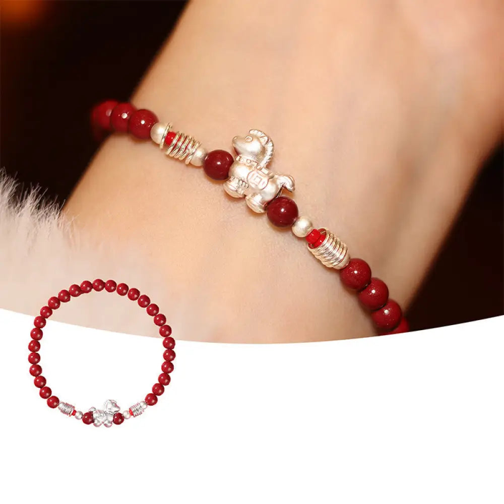 Buddha Stones Year Of The Horse Red Agate 999 Sterling Silver Cinnabar Calm Bracelet - 999 Sterling Silver Cinnabar