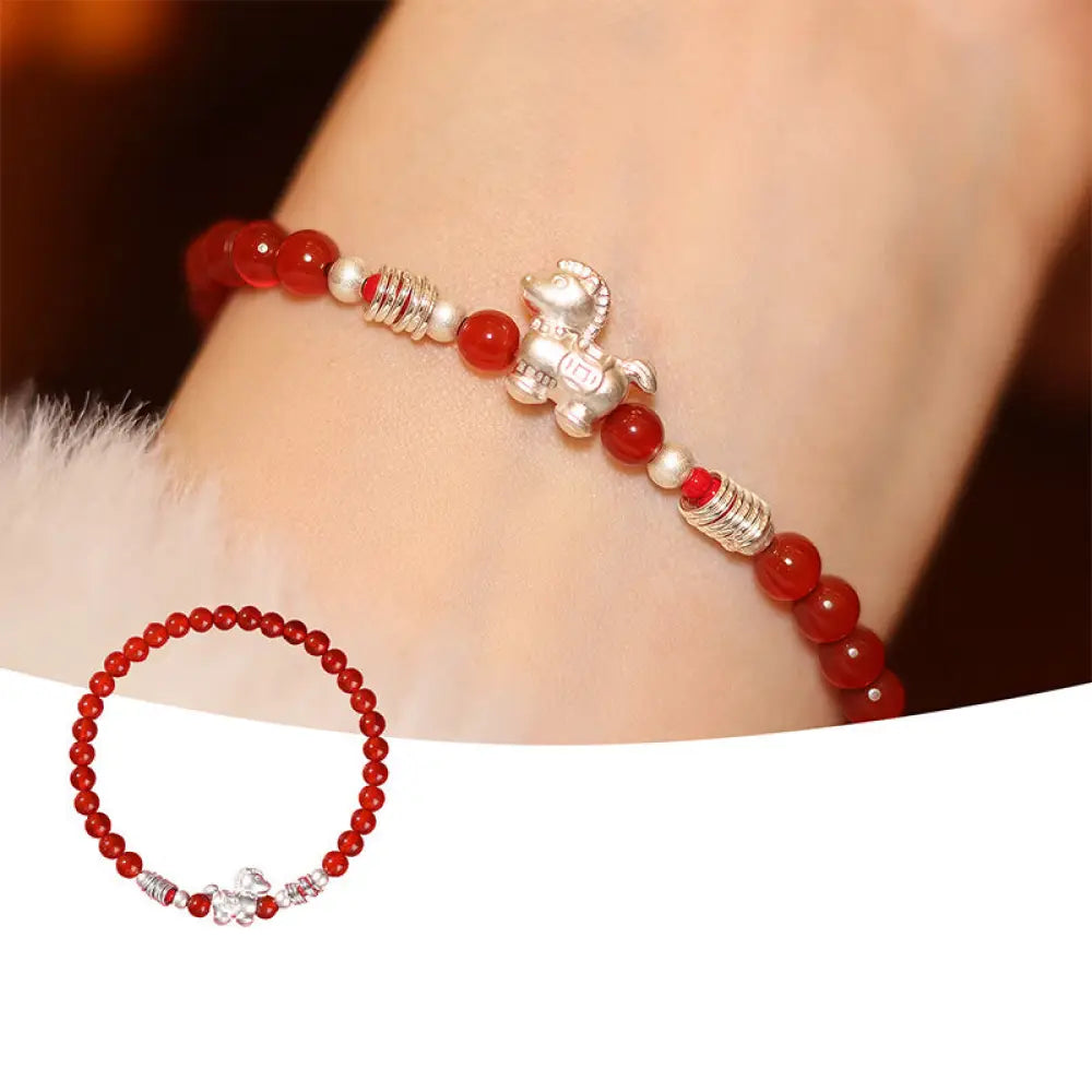 Buddha Stones Year Of The Horse Red Agate 999 Sterling Silver Cinnabar Calm Bracelet - 999 Sterling Silver Red Agate