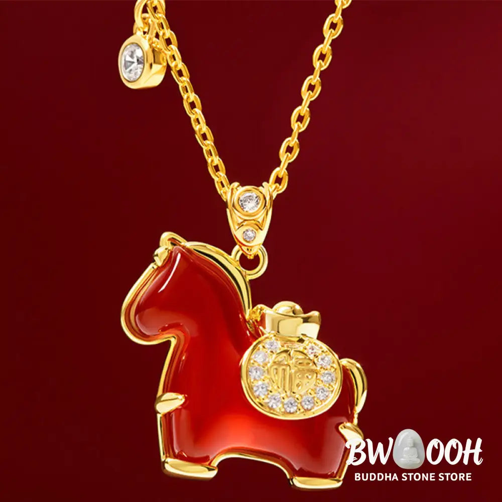 Buddha Stones Year Of The Horse Red Agate Fu Character Confidence Necklace Pendants - BWOOOH - Red Agate Horse