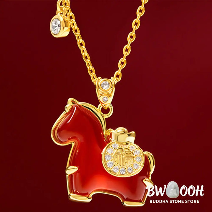 Buddha Stones Year Of The Horse Red Agate Fu Character Confidence Necklace Pendants - BWOOOH - Red Agate Horse