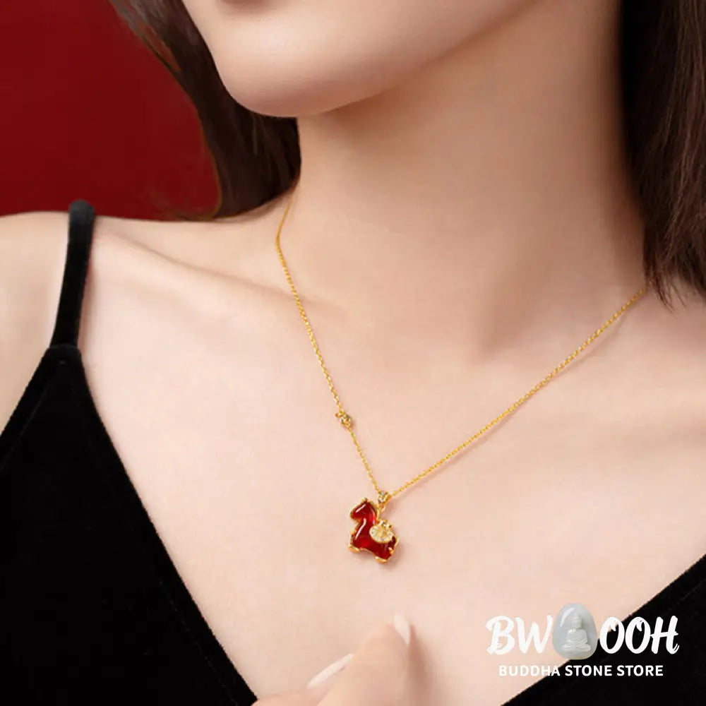Buddha Stones Year Of The Horse Red Agate Fu Character Confidence Necklace Pendants - BWOOOH - Red Agate Horse