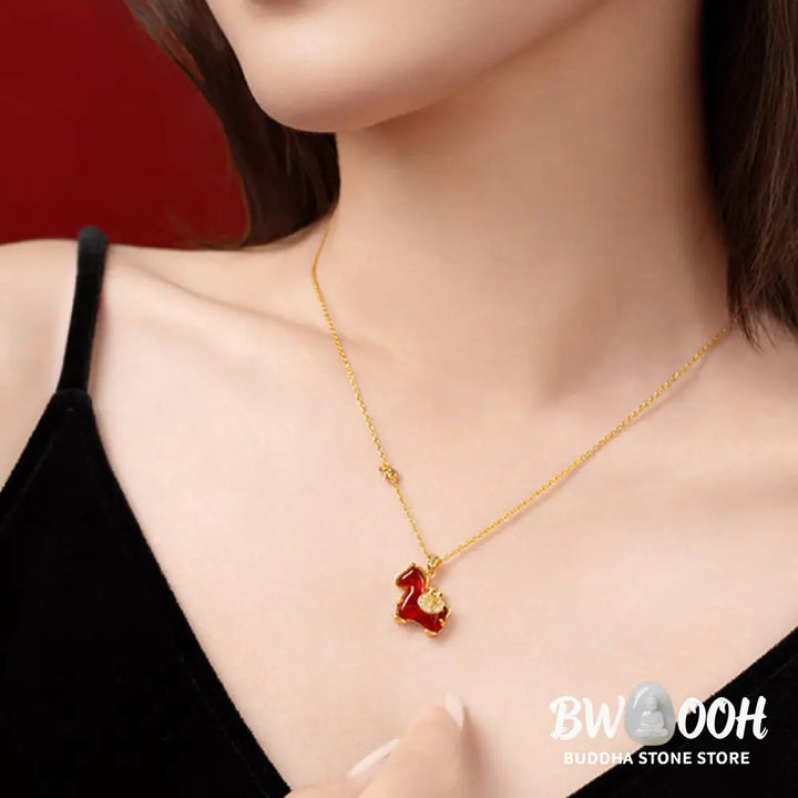 Buddha Stones Year Of The Horse Red Agate Fu Character Confidence Necklace Pendants - BWOOOH - Red Agate Horse