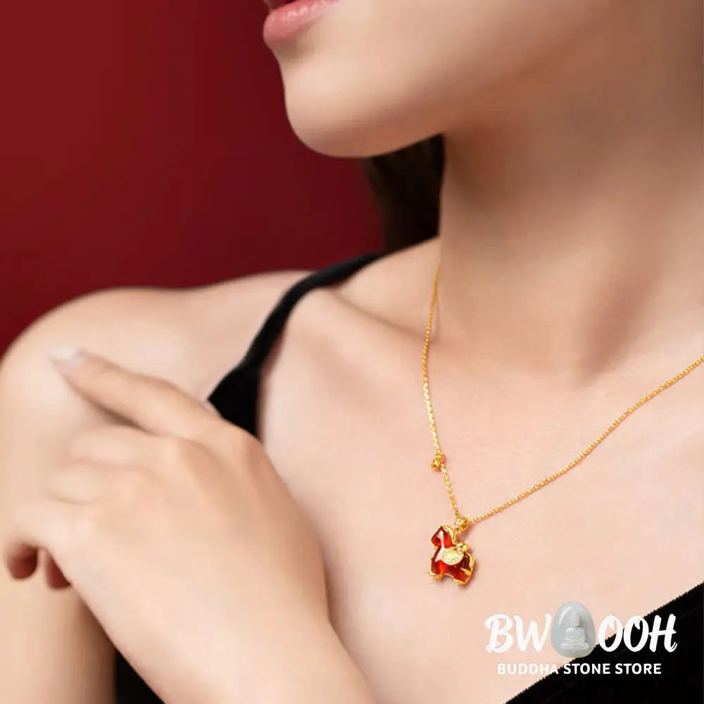 Buddha Stones Year Of The Horse Red Agate Fu Character Confidence Necklace Pendants - BWOOOH - Red Agate Horse