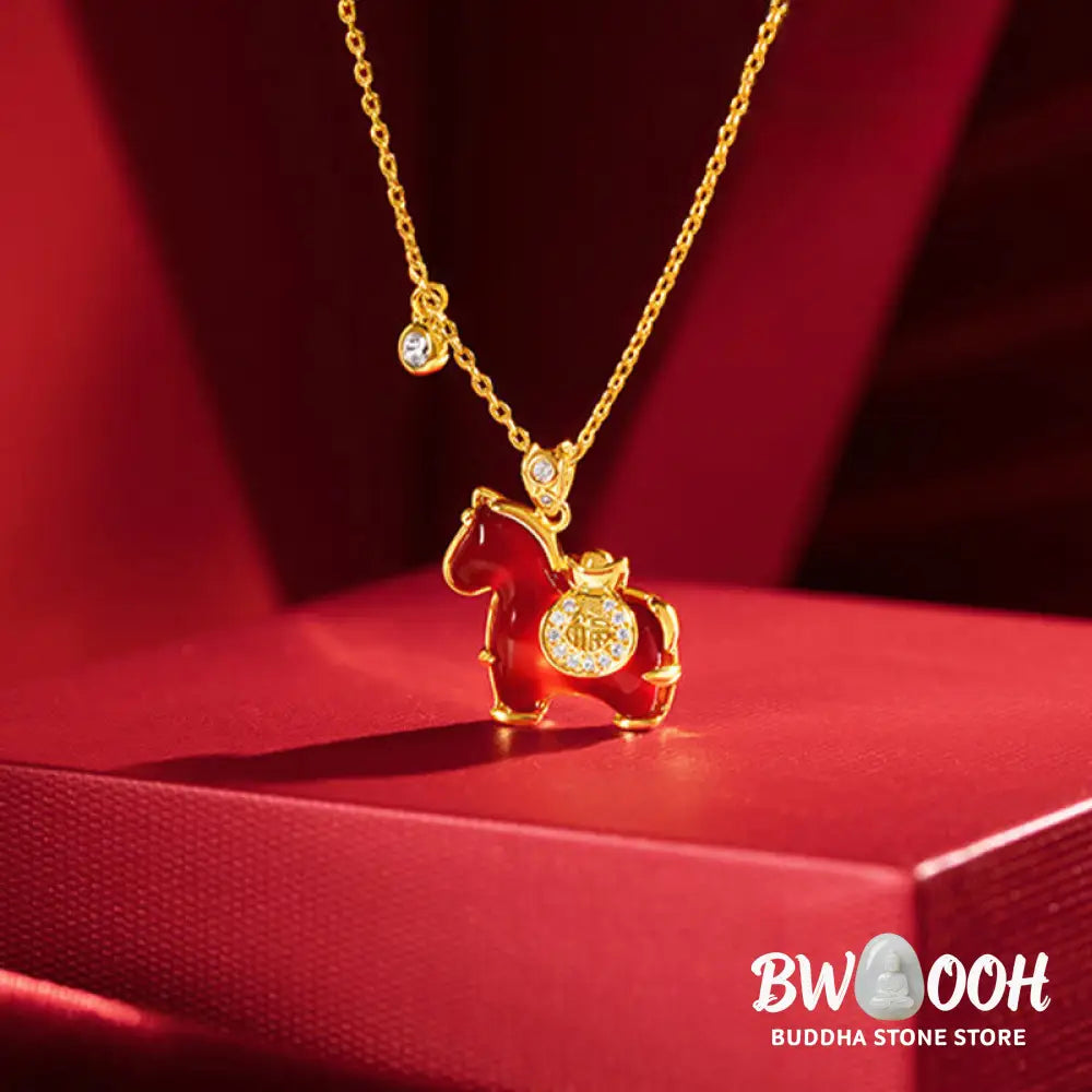 Buddha Stones Year Of The Horse Red Agate Fu Character Confidence Necklace Pendants - BWOOOH - Red Agate Horse