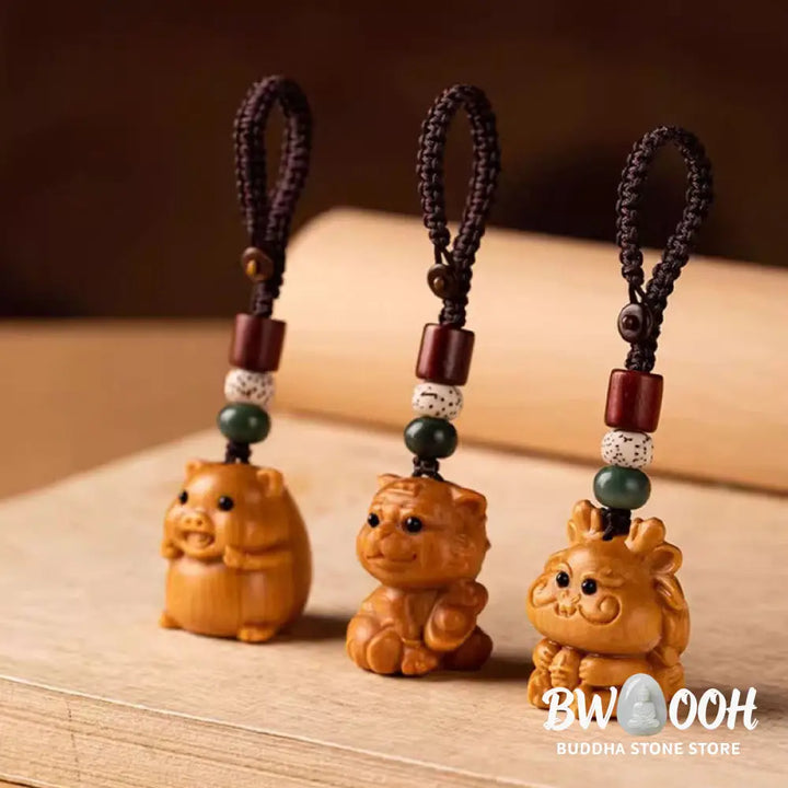 Buddha Stones Year Of The Horse Red Sandalwood Star Moon Bodhi Seed Blessing Key Chain - Key Chain