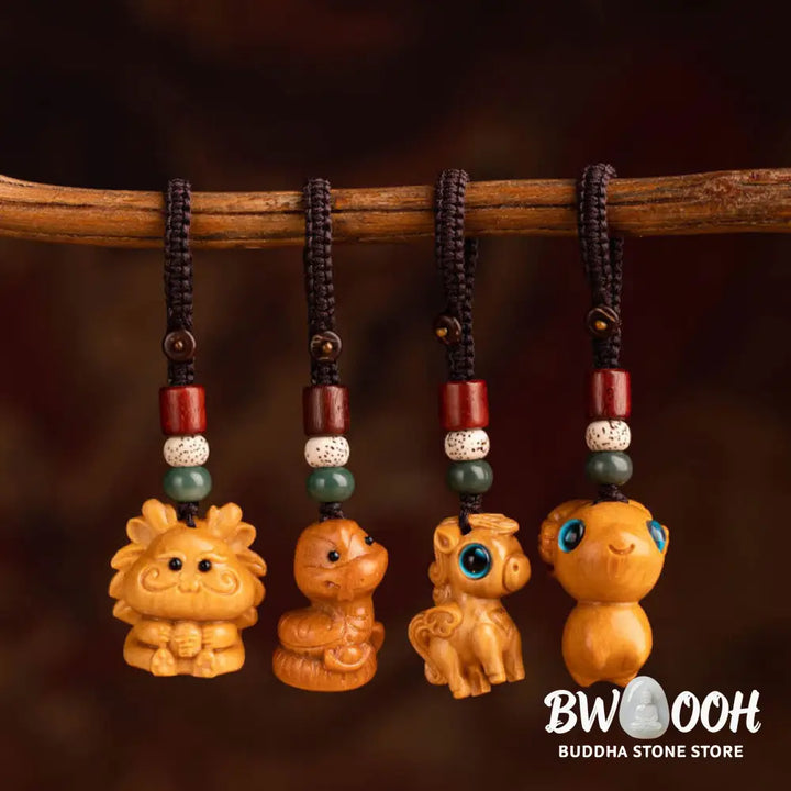 Buddha Stones Year Of The Horse Red Sandalwood Star Moon Bodhi Seed Blessing Key Chain - Key Chain