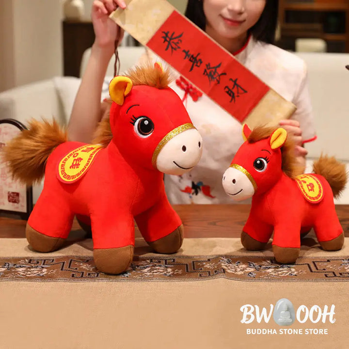 Buddha Stones Year Of The Horse Red Standing Horse Plush Doll Wealth Prosperity Home Decoration - Decorations