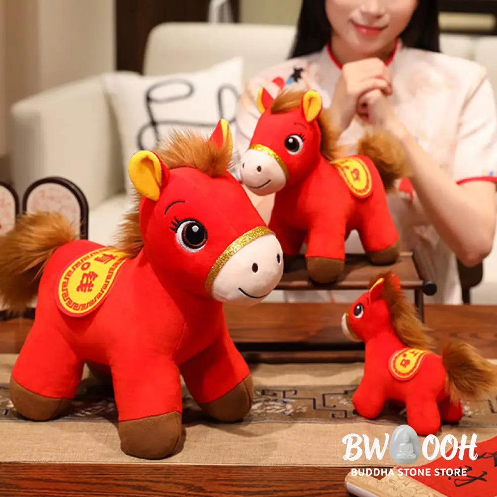Buddha Stones Year Of The Horse Red Standing Horse Plush Doll Wealth Prosperity Home Decoration - Decorations