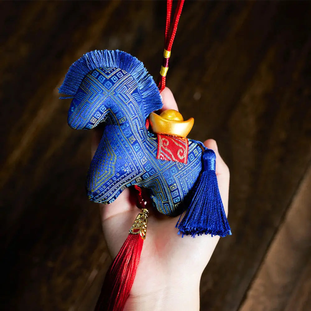 Buddha Stones Year Of The Horse Red String Embroidery Ingot Tassel Decoration - Blue Horse / 10*10cm - Decorations