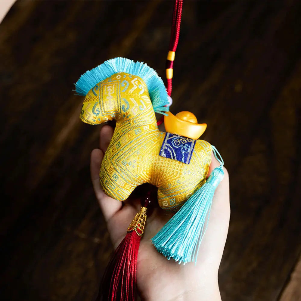 Buddha Stones Year Of The Horse Red String Embroidery Ingot Tassel Decoration - Yellow Horse / 10*10cm - Decorations