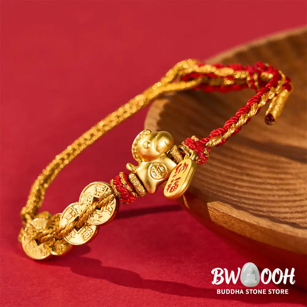 Buddha Stones Year Of The Horse Red String Five-Emperor Coins Luck Bracelet - Five-Emperor Coins Attract Fortune