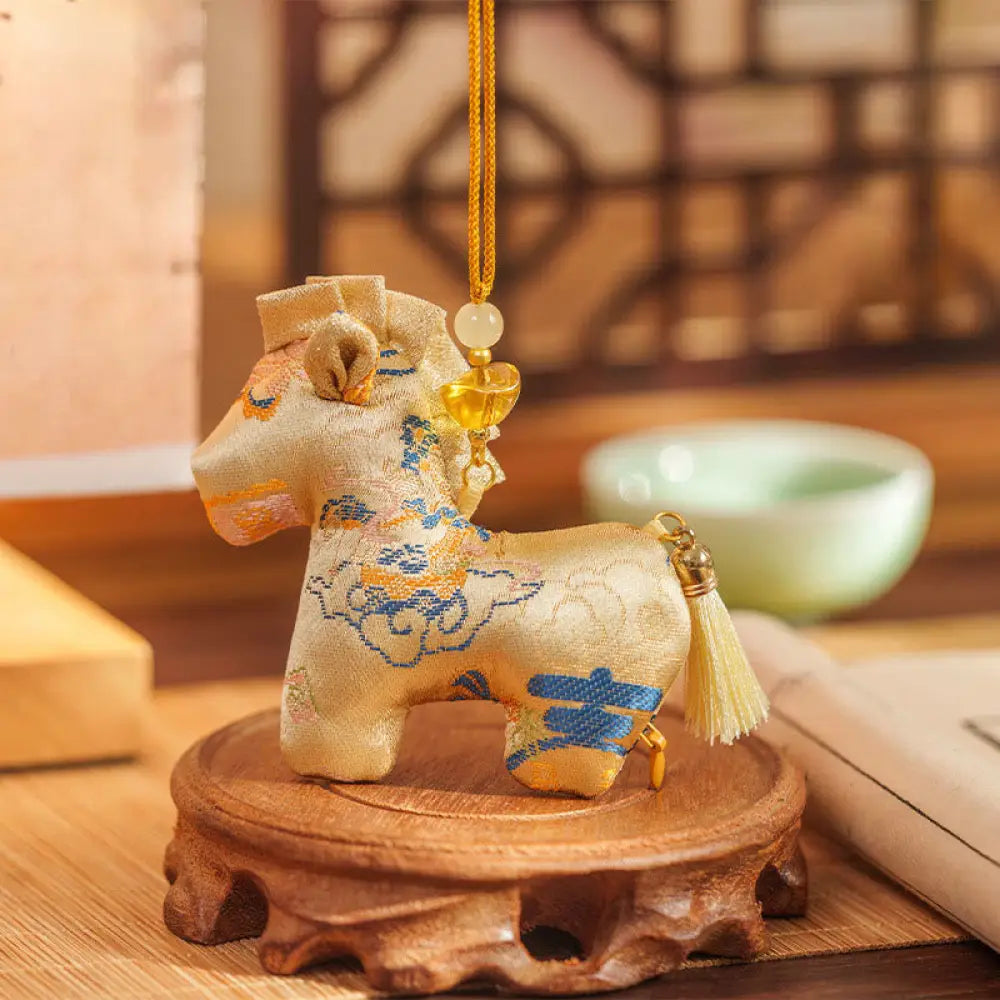 Buddha Stones Year Of The Horse Red String Tassel Embroidery Hanging Decoration - Yellow Horse (10.5*9cm) - Hanging