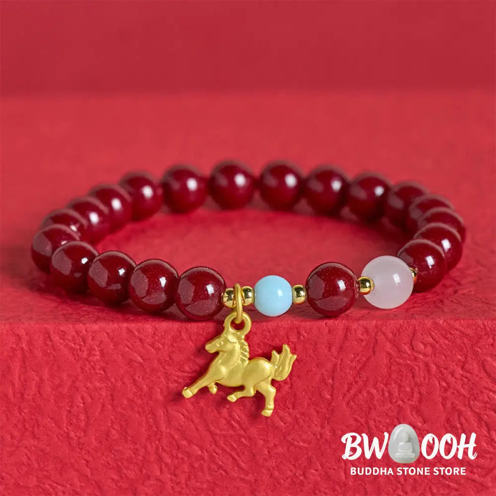 Buddha Stones Year of the Horse Running Horse Charm Cinnabar Blessing Bracelet - Bracelet