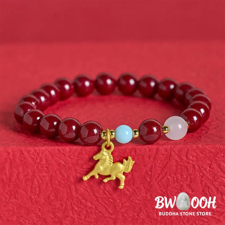 Buddha Stones Year of the Horse Running Horse Charm Cinnabar Blessing Bracelet - Bracelet