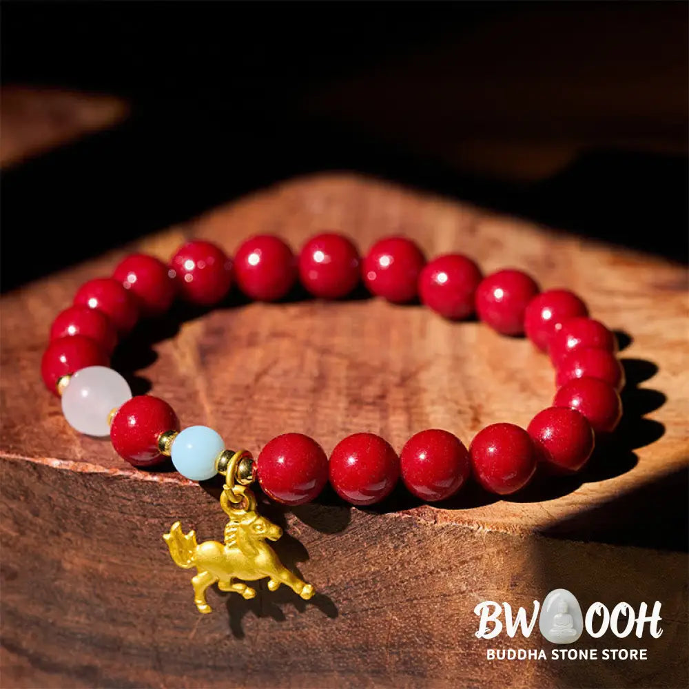 Buddha Stones Year of the Horse Running Horse Charm Cinnabar Blessing Bracelet - Bracelet