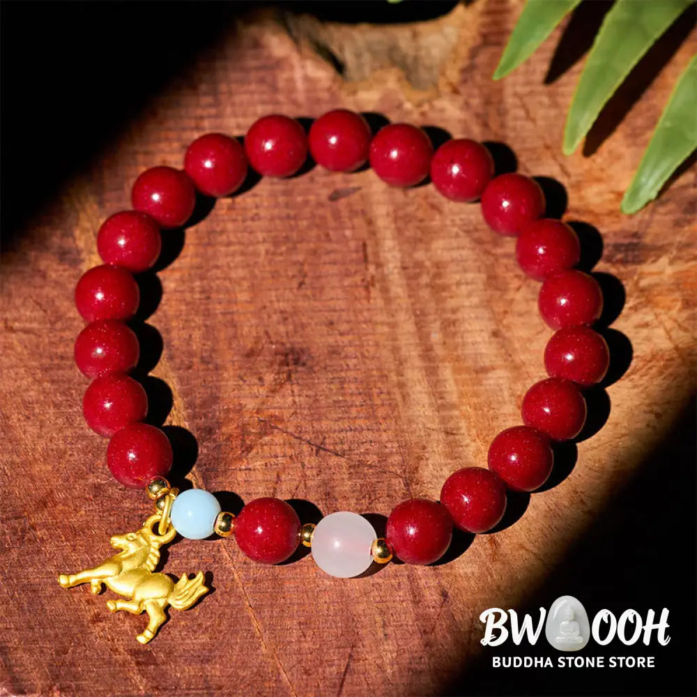 Buddha Stones Year of the Horse Running Horse Charm Cinnabar Blessing Bracelet - Bracelet