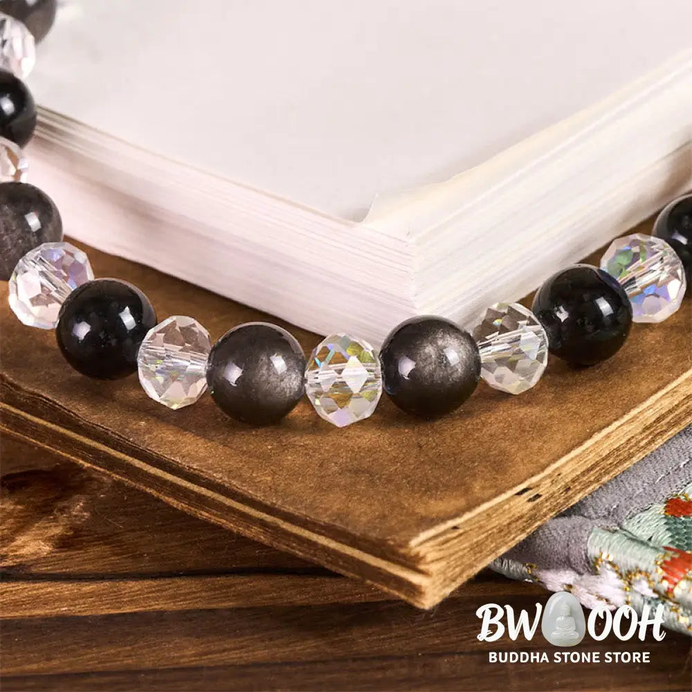 Buddha Stones Year of the Horse Silver Sheen Obsidian Protection Key Chain Phone Hanging Decoration - Silver Sheen