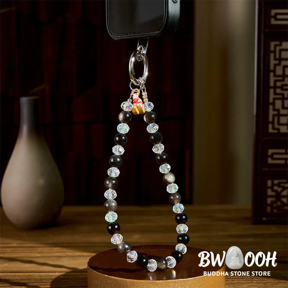 Buddha Stones Year of the Horse Silver Sheen Obsidian Protection Key Chain Phone Hanging Decoration - Silver Sheen