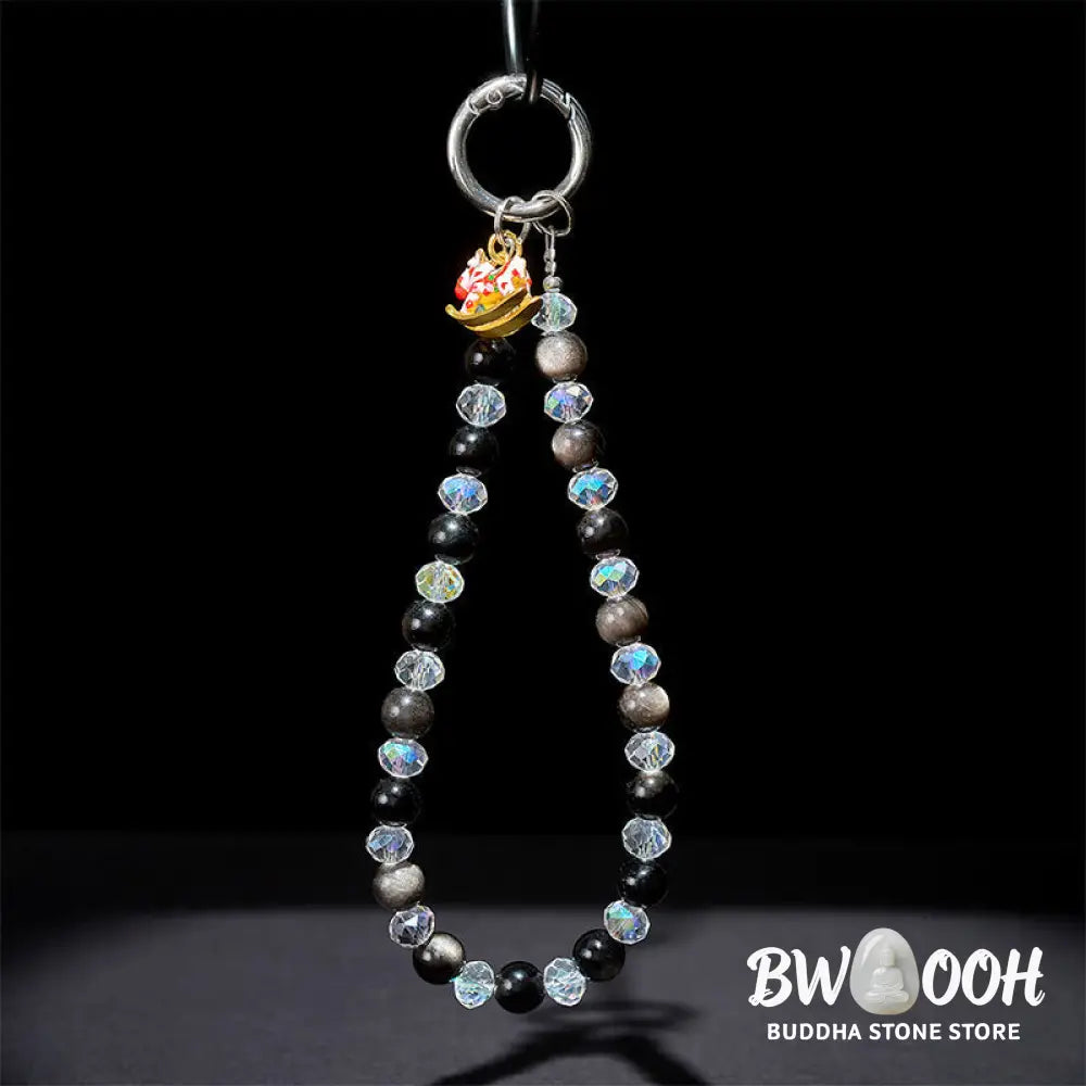 Buddha Stones Year of the Horse Silver Sheen Obsidian Protection Key Chain Phone Hanging Decoration - Silver Sheen