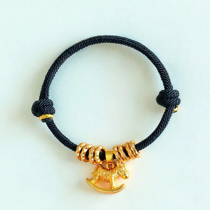 Buddha Stones Year Of The Horse Simple Horse Circle Charm Rope Faith Bracelet - Black Rope(Wrist Circumference: