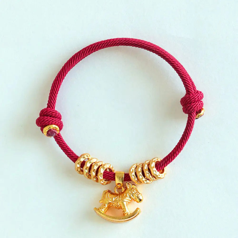 Buddha Stones Year Of The Horse Simple Horse Circle Charm Rope Faith Bracelet - Darkred Rope(Wrist Circumference: