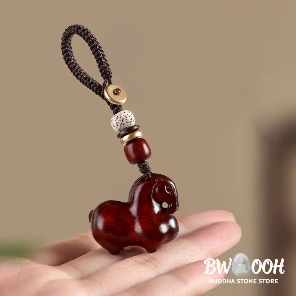 Buddha Stones Year Of The Horse Small Leaf Red Sandalwood Balance Key Chain - Small Leaf Red Sandalwood - Key Chain