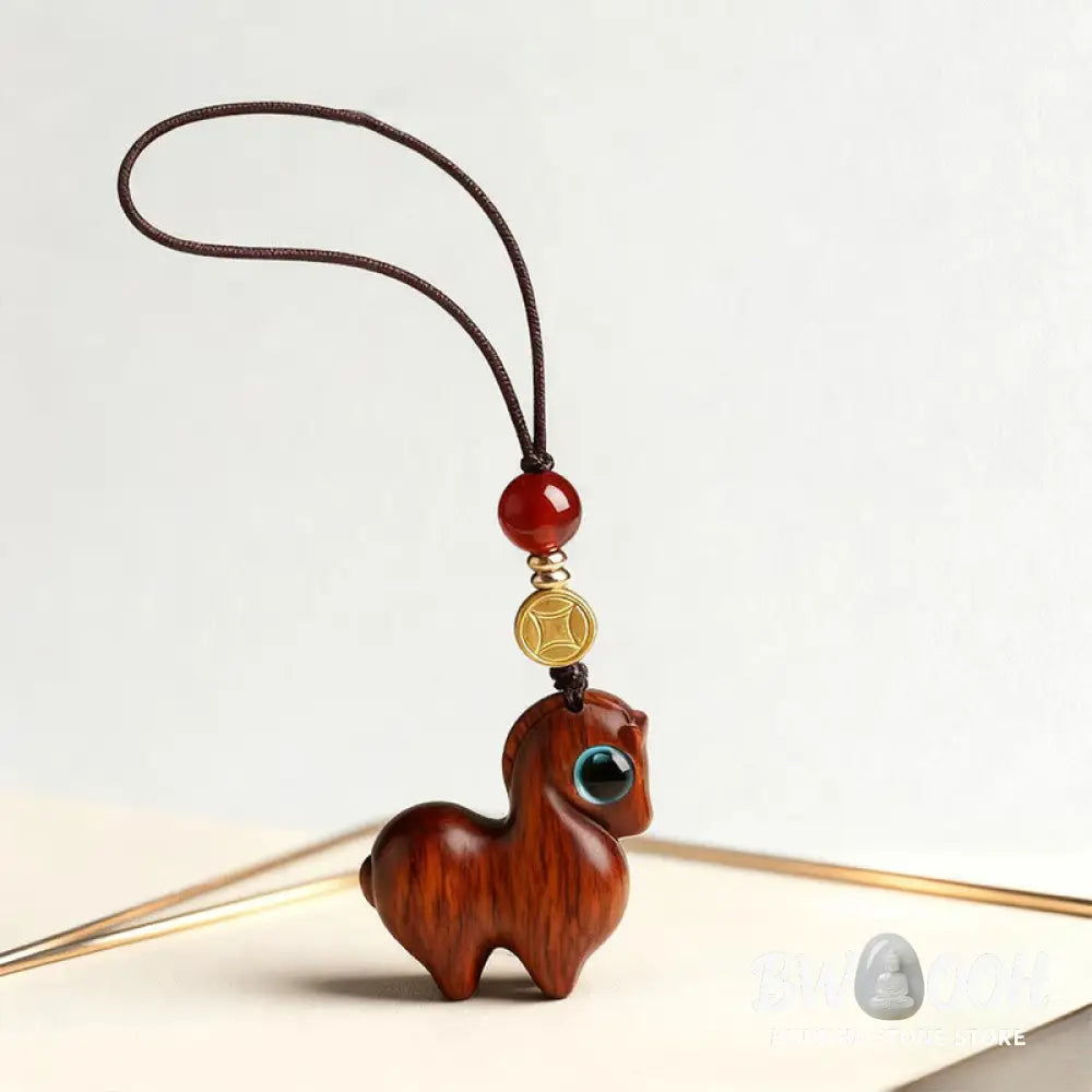 Buddha Stones Year of the Horse Small Leaf Red Sandalwood Calm Key Chain Phone Hanging Decoration - Key Chain