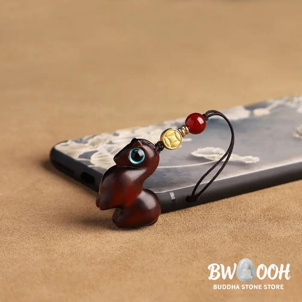 Buddha Stones Year of the Horse Small Leaf Red Sandalwood Calm Key Chain Phone Hanging Decoration - Key Chain