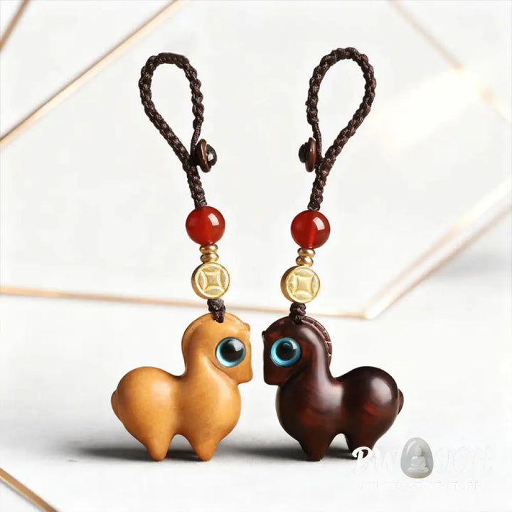 Buddha Stones Year of the Horse Small Leaf Red Sandalwood Calm Key Chain Phone Hanging Decoration - Key Chain
