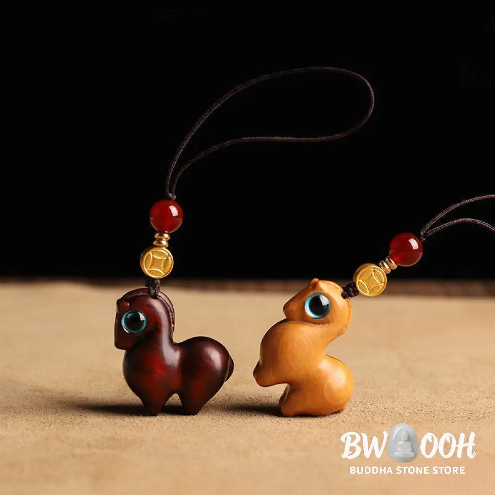Buddha Stones Year of the Horse Small Leaf Red Sandalwood Calm Key Chain Phone Hanging Decoration - Key Chain