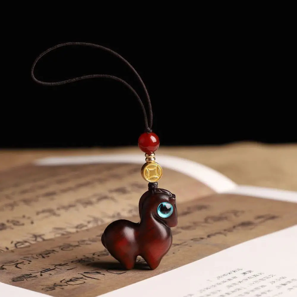 Buddha Stones Year of the Horse Small Leaf Red Sandalwood Calm Key Chain Phone Hanging Decoration - Small Leaf Red