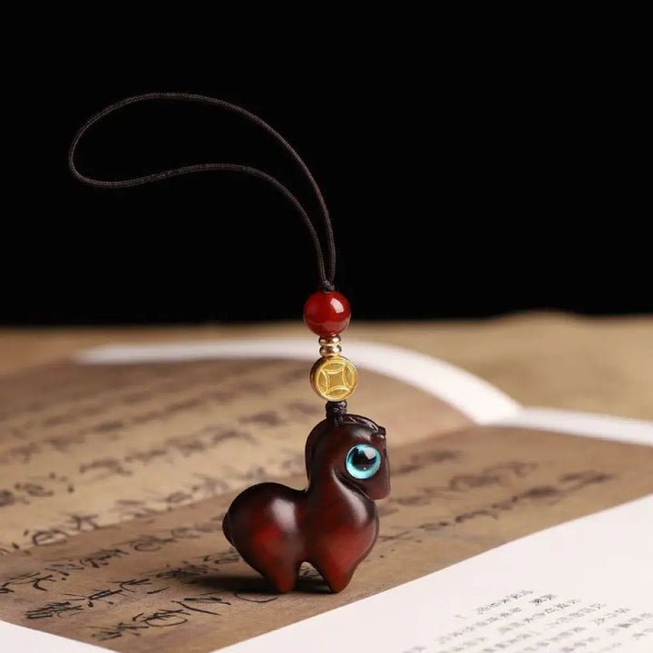 Buddha Stones Year of the Horse Small Leaf Red Sandalwood Calm Key Chain Phone Hanging Decoration - Small Leaf Red