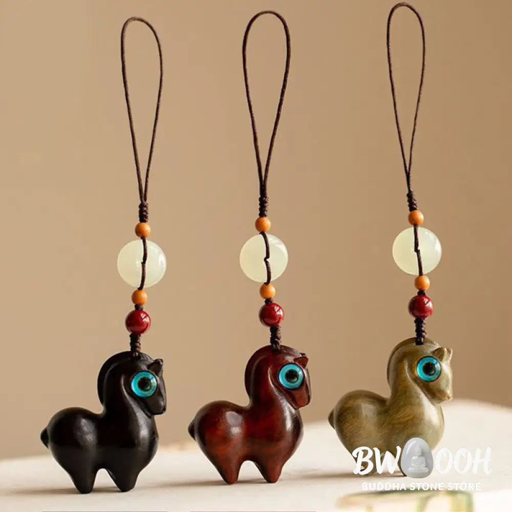 Buddha Stones Year of the Horse Small Leaf Red Sandalwood Green Sandalwood Ebony Wood Calm Key Chain - Key Chain