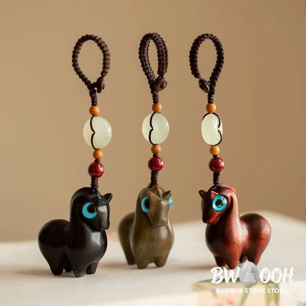Buddha Stones Year of the Horse Small Leaf Red Sandalwood Green Sandalwood Ebony Wood Calm Key Chain - Key Chain