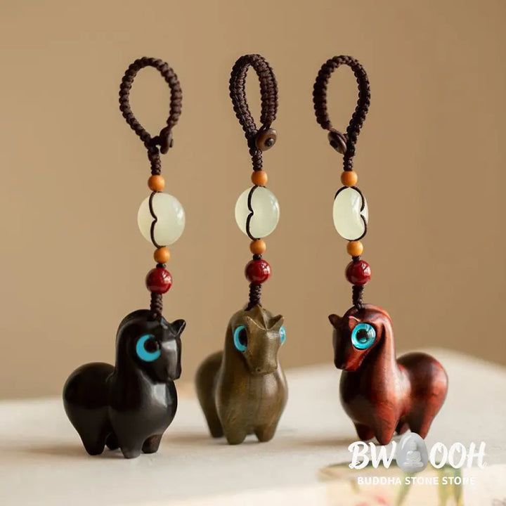 Buddha Stones Year of the Horse Small Leaf Red Sandalwood Green Sandalwood Ebony Wood Calm Key Chain - Key Chain