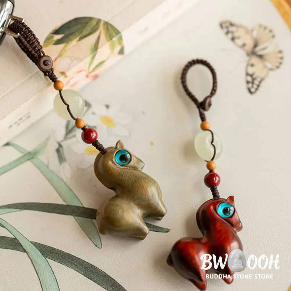 Buddha Stones Year of the Horse Small Leaf Red Sandalwood Green Sandalwood Ebony Wood Calm Key Chain - Key Chain