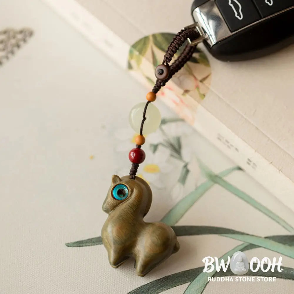Buddha Stones Year of the Horse Small Leaf Red Sandalwood Green Sandalwood Ebony Wood Calm Key Chain - Key Chain