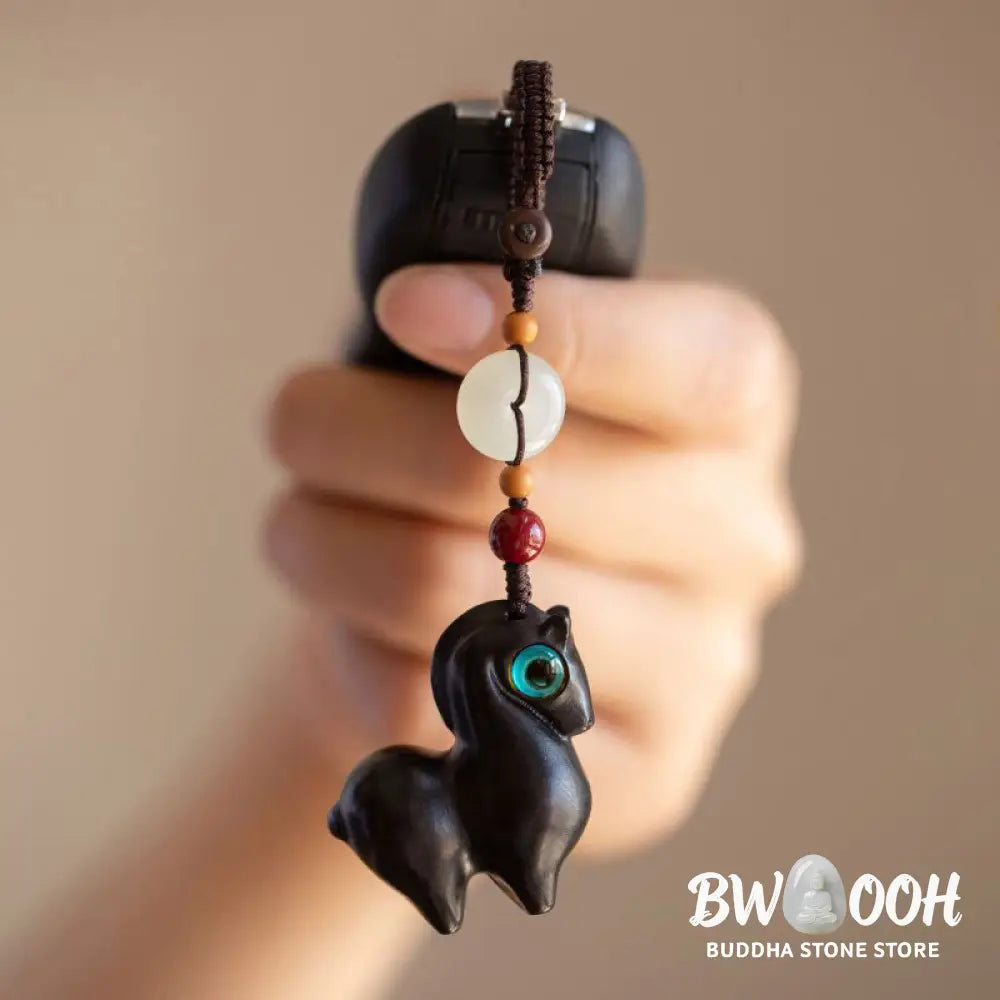 Buddha Stones Year of the Horse Small Leaf Red Sandalwood Green Sandalwood Ebony Wood Calm Key Chain - Key Chain