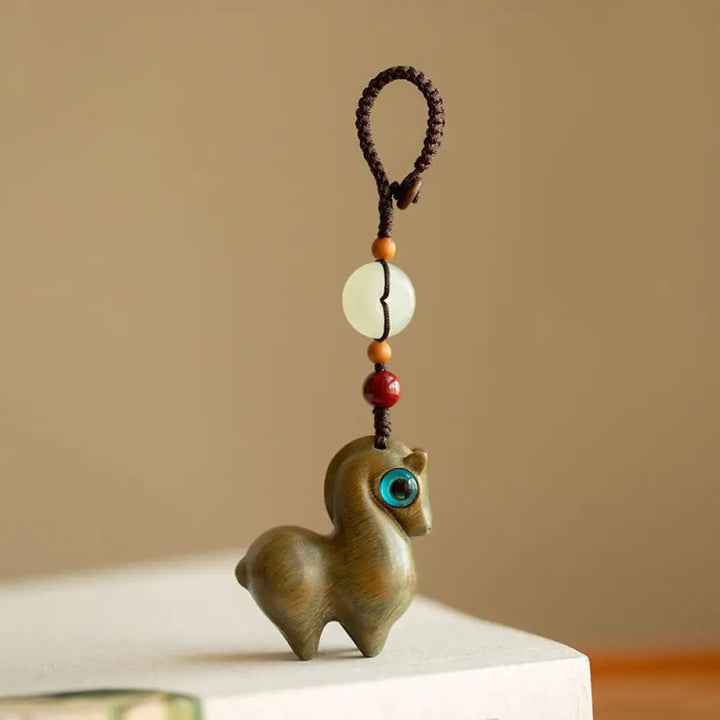 Buddha Stones Year of the Horse Small Leaf Red Sandalwood Green Sandalwood Ebony Wood Calm Key Chain - Green Sandalwood