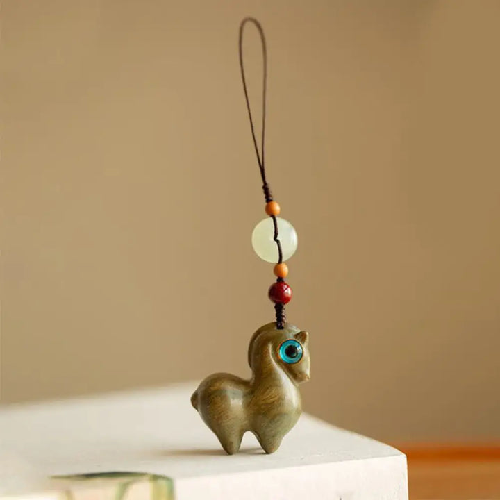 Buddha Stones Year of the Horse Small Leaf Red Sandalwood Green Sandalwood Ebony Wood Calm Key Chain - Green Sandalwood