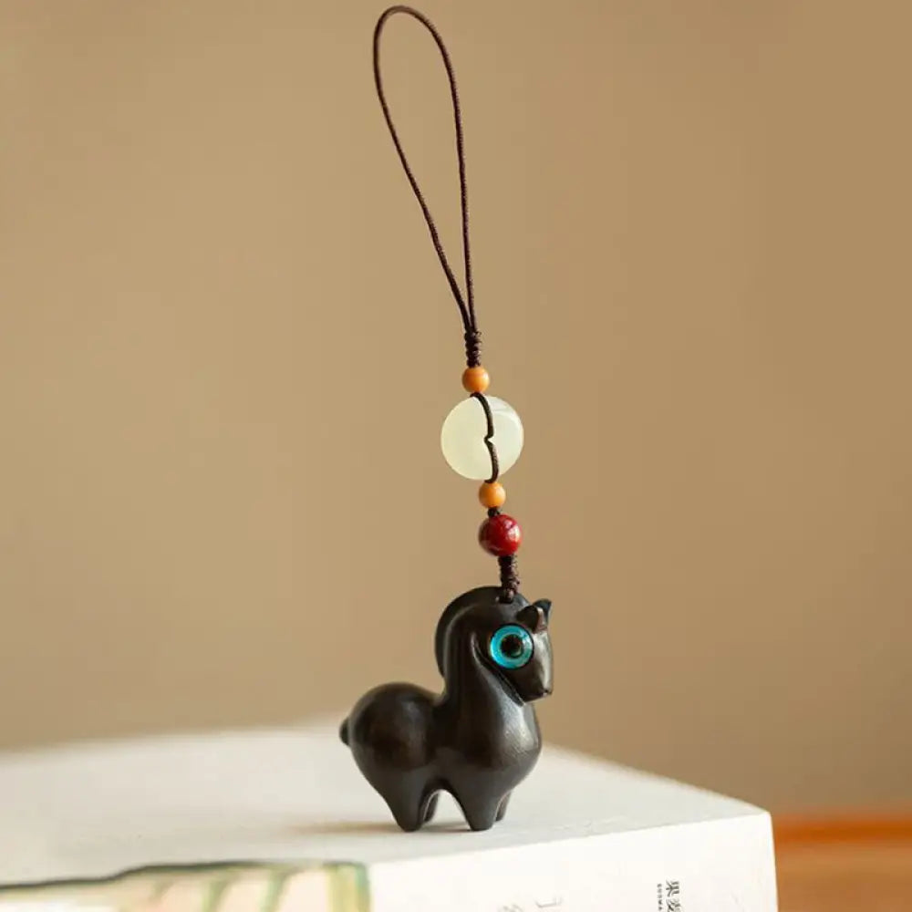 Buddha Stones Year of the Horse Small Leaf Red Sandalwood Green Sandalwood Ebony Wood Calm Key Chain - Ebony Wood