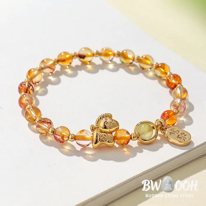 Buddha Stones Year Of The Horse Strawberry Quartz Citrine Red Agate Pink Crystal Love Bracelet - Bracelet